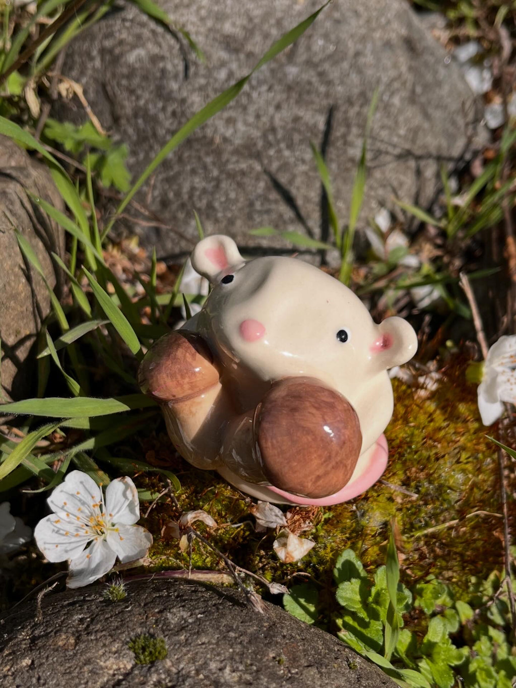 White Mouse Sculpture with Mushrooms